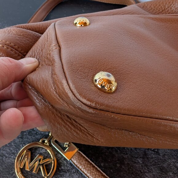 Michael Kors Brown Pebbled Leather Tote with Gold MK Charm - Picture 3 of 16